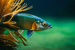 en fisk med ljus grön ögon och gul fenor. ai-genererad foto
