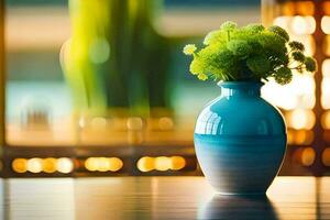 en blå vas med grön blommor Sammanträde på en tabell. ai-genererad foto