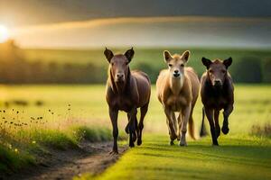 tre hästar löpning i de fält på solnedgång. ai-genererad foto