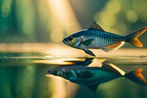 en fisk är reflekterad i de vatten på solnedgång. ai-genererad foto