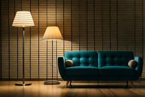 en blå soffa och lampa i främre av en vägg. ai-genererad foto