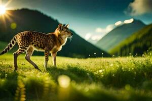 en gepard är gående i de gräs. ai-genererad foto