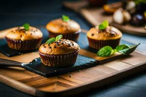 muffins på en trä- skärande styrelse. ai-genererad foto