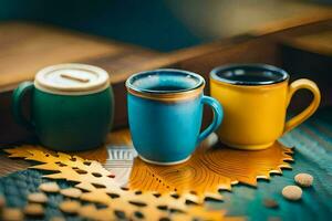 tre färgrik kaffe koppar på en trä- tabell. ai-genererad foto