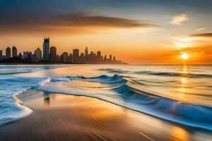 de Sol uppsättningar över de stad horisont i dubai. ai-genererad foto