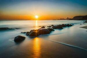 de Sol stiger över de hav och stenar på de strand. ai-genererad foto