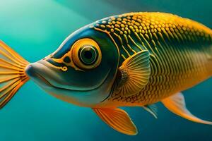 en fisk med gul ögon och en stor mun. ai-genererad foto