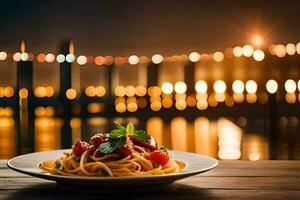 spaghetti med tomat och basilika på en tallrik. ai-genererad foto