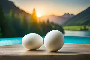 två ägg på en tabell i främre av en sjö. ai-genererad foto