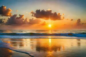 de Sol stiger över de hav och de himmel är reflekterad i de vatten. ai-genererad foto