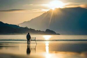 en man står på de strand på solnedgång med en stol. ai-genererad foto