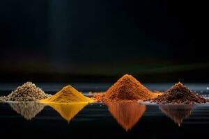 en grupp av annorlunda färgad kryddor på en svart bakgrund. ai-genererad foto
