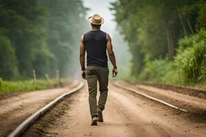 en man gående på en tåg Spår i de mitten av en skog. ai-genererad foto