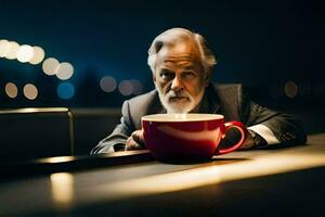 ett äldre man i en kostym är Sammanträde på en tabell med en kopp av kaffe. ai-genererad foto