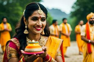 indisk brud i traditionell klädsel innehav en diya. ai-genererad foto