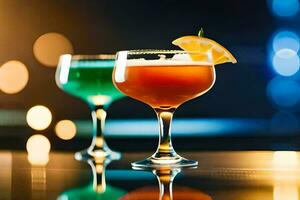 två cocktails på en tabell med en ljus bakgrund. ai-genererad foto