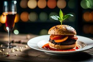 en hamburgare med tomat sås och en glas av vin. ai-genererad foto