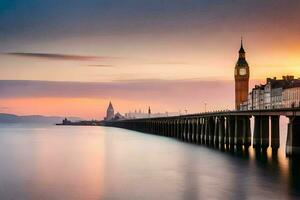 de Sol uppsättningar över de flod thames och stor ben. ai-genererad foto