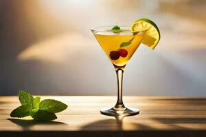 cocktail med mynta och citron- på en trä- tabell. ai-genererad foto
