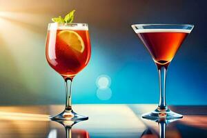 två glasögon av alkoholhaltig drycker med en citron- skiva. ai-genererad foto