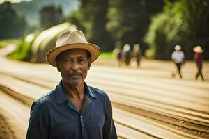 en man i en hatt stående på en tåg Spår. ai-genererad foto