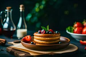 pannkakor med bär och lönn sirap på en trä- tallrik. ai-genererad foto