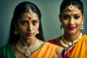 två kvinnor i traditionell saris med guld Smycken. ai-genererad foto
