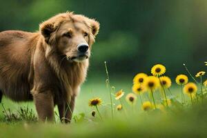 en lejon stående i en fält av blommor. ai-genererad foto
