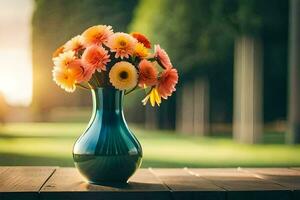 en vas med färgrik blommor Sammanträde på en tabell. ai-genererad foto