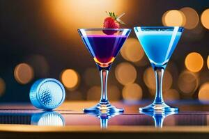 två färgrik cocktails på en tabell med en flaska av soda. ai-genererad foto