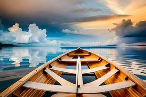 en båt är flytande på de vatten med en molnig himmel. ai-genererad foto