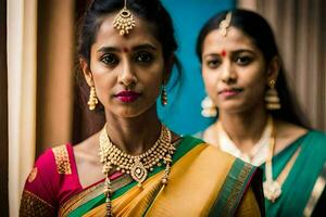 två kvinnor i traditionell saris stående Nästa till varje Övrig. ai-genererad foto