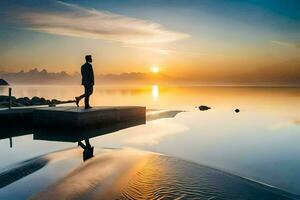 en man stående på en docka på solnedgång. ai-genererad foto
