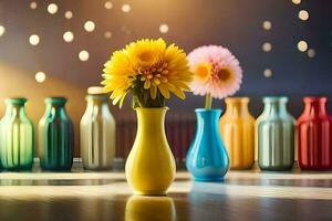 färgrik vaser med blommor i dem på en tabell. ai-genererad foto