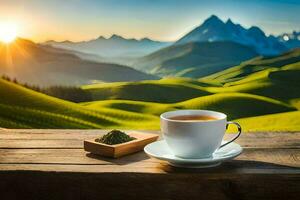 en kopp av te på en trä- tabell i främre av en berg se. ai-genererad foto