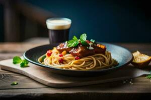 spaghetti med kött och tomat sås på en tallrik. ai-genererad foto