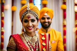 en leende brud och brudgum i traditionell indisk klädsel. ai-genererad foto