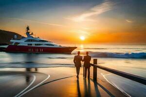 två män stående på de strand ser på en Yacht. ai-genererad foto
