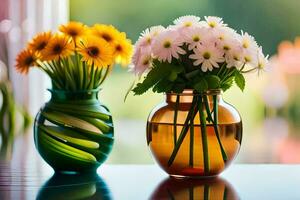 två vaser med blommor Sammanträde på en tabell. ai-genererad foto