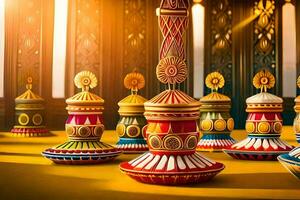 en grupp av färgrik dekorativ vaser på en tabell. ai-genererad foto