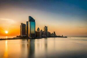 de Sol uppsättningar över de stad horisont i abu dhabi. ai-genererad foto