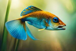 en fisk med blå och orange fenor är simning i de vatten. ai-genererad foto