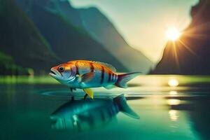en fisk är stående på de vatten i främre av en berg. ai-genererad foto
