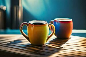 två färgrik kaffe koppar sitta på en trä- tabell. ai-genererad foto