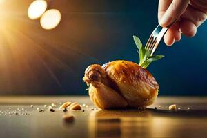 en person innehav en gaffel över en rostad kyckling. ai-genererad foto