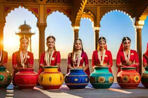 en grupp av kvinnor i indisk klädsel är innehav färgrik krukor. ai-genererad foto