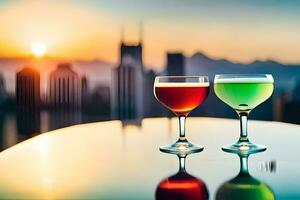 två glasögon av cocktails på en tabell med stad horisont i de bakgrund. ai-genererad foto