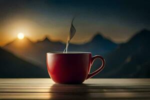 en kopp av kaffe på en trä- tabell i de berg. ai-genererad foto