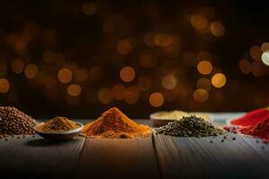 olika kryddor och kryddor på en trä- tabell. ai-genererad foto