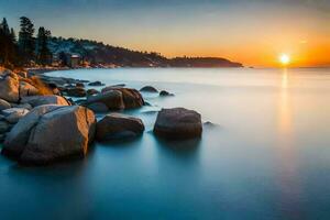 de Sol uppsättningar över de hav och rocks. ai-genererad foto